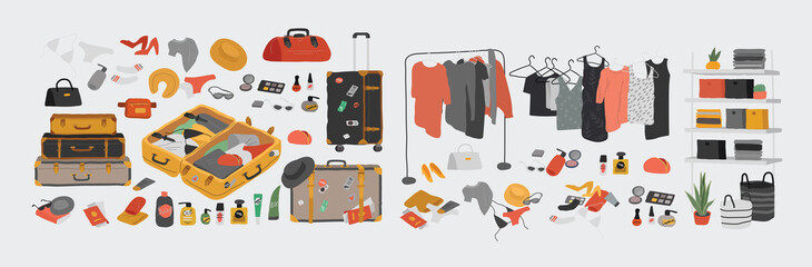 Set of wardrobe stuff. Closet wardrobe furniture inside. Various bag, shoes, cosmetics and trendy clother. Interior things in scandinavian design style. Hand drawn isolated elements. Cartoon © merfin