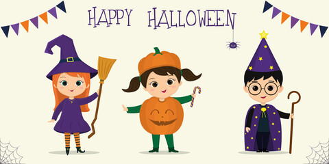 Halloween party kids characters set. Children in colorful Halloween costumes witch with broom, pumpkin, stargazer in cartoon style. Vector flat.