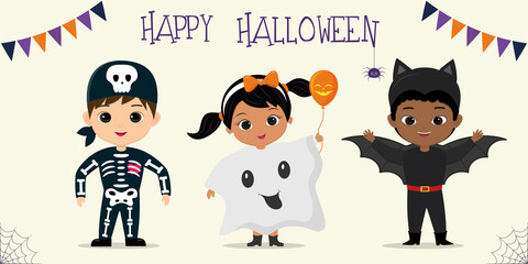 Halloween party kids characters set. Children in colorful Halloween costumes skeleton, ghost, bat in cartoon style. Vector flat.