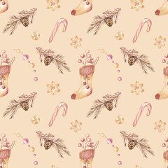 Christmas seamless pattern with the warm socks, candy canes, fir branches with cones, cookies, sweet garlands ad winter berries. Watercolor hand drawn elements on a warm beige background. 