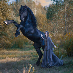 A huge black horse and a little girl in a gray dress