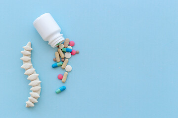 Strong healthy spine with medicine pills. Top view