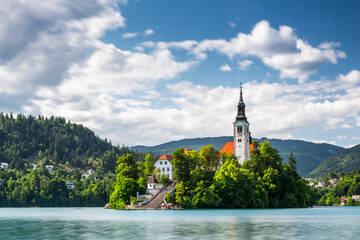 Church on Lake Bled Island at Summer Sunny Day in Slovenia