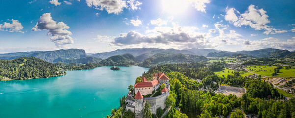 Aerial Drone Panorama of Bled Lake in Slovenia