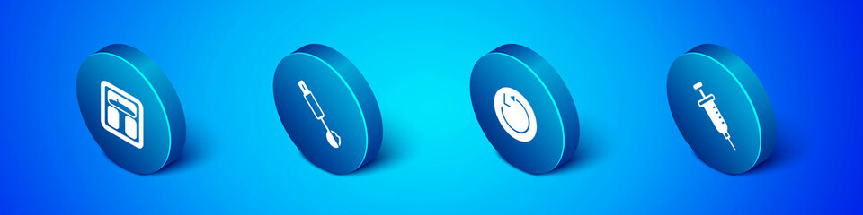 Set Isometric Bathroom scales, Radius, Syringe and Measuring spoon icon. Vector