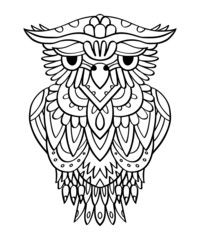 Decorative owl coloring book. Vector hand-drawn ornate owl. Tattoo style line art owl illustration.