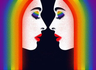 Twarze dwóch kobiet z włosami w kolorach tęczy i czerwonymi ustami. Plakat o tematyce lgbt q+ Najlepsze na miesiąc Dumy.