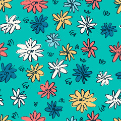 Seamless pattern with hand drawn meadow flowers in Ditzy style. Colorful illustrations on turquoise background for surface design and other design projects