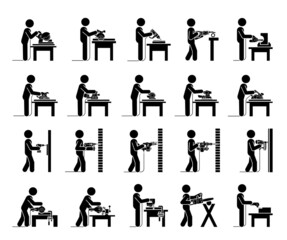 Electric machine tools  used in production in various types of industry.  Pictograms representing people doing jobs with power electric hand tools.