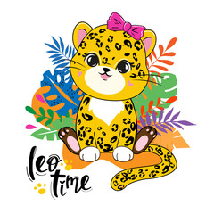 Funny cartoon leopard girl and tropical leaves isolated. Vector illustration of funny animals in kawaii style