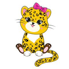 Funny cartoon leopard girl on a white background isolated. Vector illustration of funny animals in kawaii style