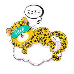 Cute cartoon leopard in a sleep mask is sleeping. Vector illustration of funny animals for kids isolated. Pajamas party