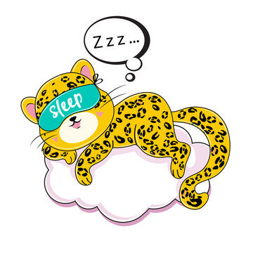Cute cartoon leopard in a sleep mask is sleeping. Vector illustration of funny animals for kids isolated. Pajamas party