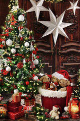 Christmas background with gift boxes under the Christmas tree and teddy bear decoration