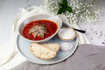 tomato soup with bread and basil