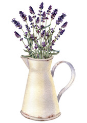Rusty white jug with lavender, watercolor. Design element, clipart.