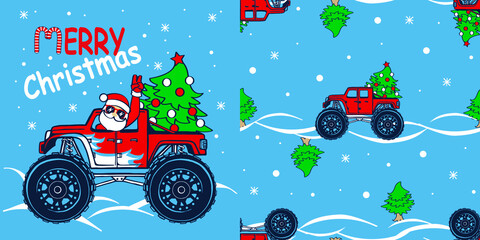 Monster truck car with Santa and Christmas tree. Print for t shirt and seamless pattern. © Marina Smorodinskaya
