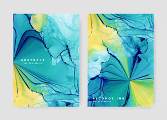 Abstract brochure A4 cover layout with alcohol ink texture, original background for print materials, turqoise and yellow accent, booklet template design for business, watercolor texture