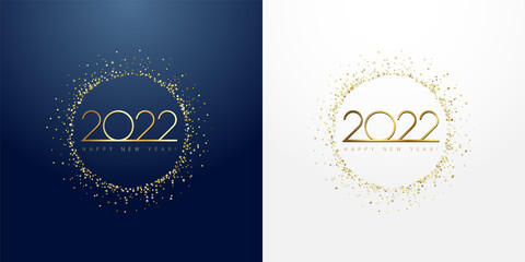 2022 glittering golden circle Happy New Year banner. Gold digits in sparkling ring with dust glitter graphic on dark blue and white background. Beautiful numbers graphic design template