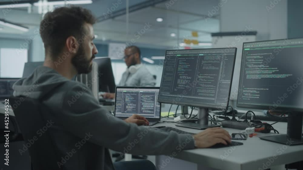 Poster Diverse Office: Enthusiastic White IT Programmer Working on Desktop Computer. Male Specialist Creating Innovative Software. Engineer Developing App, Program, Video Game. Writing Code in Terminal