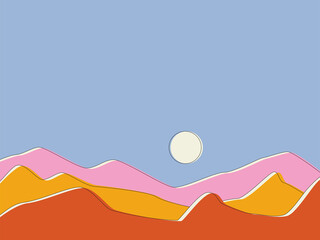 Colorful background with abstract landscape. Mountains and sun. Vector background with copy space for text. Layout for social networks, banners, posters. Design of wall art, covers