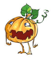 Obraz premium Funny cartoon pumpkin character. Cute orange vegetables vector illustration. Eco Food icon.