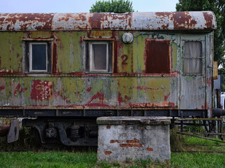 Old historic train depot rusty wagon side view