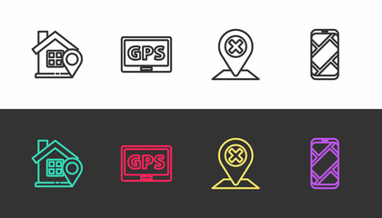 Set line Location with house, Gps device map, and City navigation on black and white. Vector