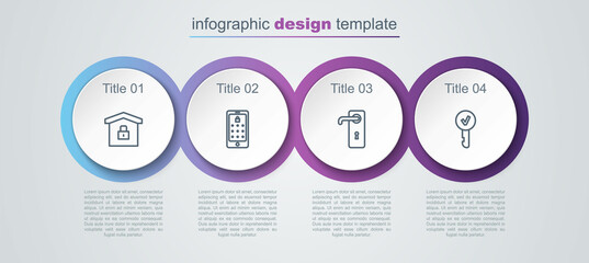 Set line House under protection, Mobile and graphic password, Door handle and Key. Business infographic template. Vector