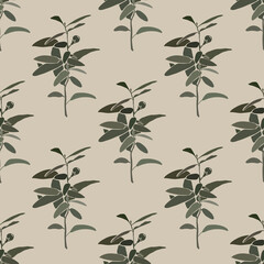 Seamless pattern from twigs with leaves and berries.