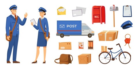 Male and female postman characters vector illustrations set. People in uniform and postal objects for kids, bag with letters, mailbox, transport on white background. Professions, delivery concept