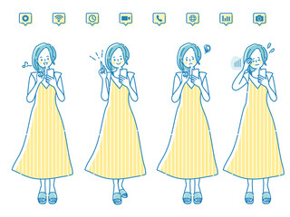 スマートフォンを持った若い女性の表情セット