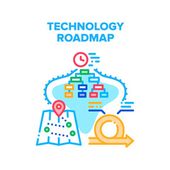 Technology Roadmap Vector Icon Concept. Technology Roadmap For Showing Driver Way Direction, Digital Gps Media System. Navigation Device For Counting Distance And Time Color Illustration