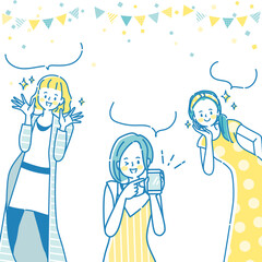 スマートフォンで商品を紹介する複数の若い女性