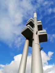 Zizkov Tv Tower in Prague city Czech Republic stock images. Žižkov Television Tower detail vertical photo images. Urban landscape photo. Beautiful famous place in Prague images