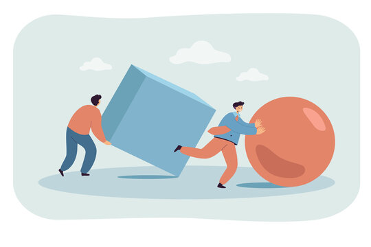 Businessmen pushing abstract figures in race. Flat vector illustration. Men moving giant ball, cube forward. Creative solution, business performance. Goal, leadership, challenge, competition concept