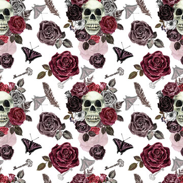 Goth Halloween seamless patter. Watercolor creepy skull, red and black roses print. Vintage style digital paper.