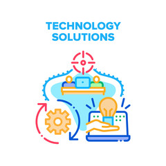 Naklejka premium Technology Solutions Vector Icon Concept. Technology Solutions For Planning Strategy And Developing Startup, Innovation Creative Idea. Smart Electronic Device And Software Color Illustration