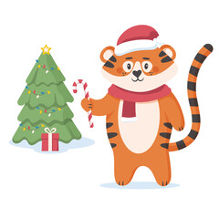 Cute cartoon tiger in Santa hat and Christmas tree in a flat style. Symbol of the year. Happy Chinese New Year 2022. Vector illustration isolated on white background.