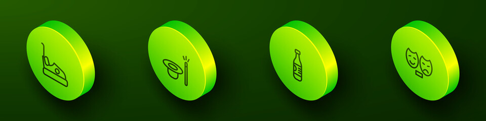Set Isometric line Bumper car, Magic hat and wand, Bottle of water and Comedy tragedy masks icon. Vector