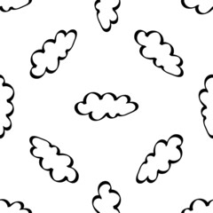 Good night doodle pattern. Time to go to bed. Seamless background with clouds. Black outline on a white background. For fabric, wallpaper, and children's textiles