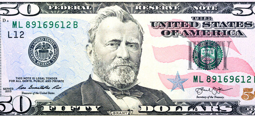 Large fragment of the Obverse side of 50 fifty dollars bill banknote series 2013 with the portrait...