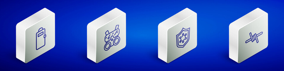 Set Isometric line Police assault shield, Gas mask, badge and Barbed wire icon. Vector