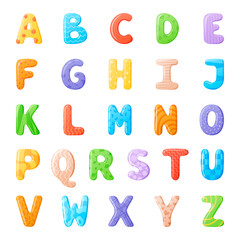 Vector illustration of cartoon isolated volumetric multicolored letters of the English alphabet with patterns.