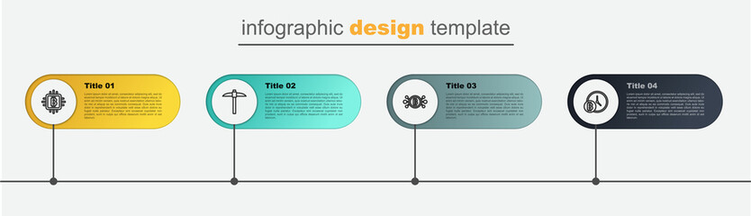 Set line Bitcoin with clock, circuit, Pickaxe and CPU mining farm. Business infographic template. Vector