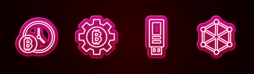 Set line Bitcoin with clock, Cryptocurrency, USB flash drive and Blockchain technology. Glowing neon icon. Vector