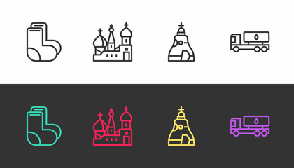 Set line Valenki, Saint Basil's Cathedral, The Tsar bell and Tanker truck on black and white. Vector