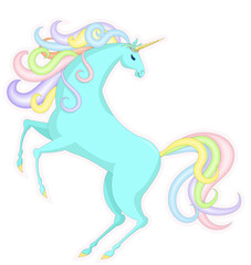 Obraz na płótnie Canvas Blue unicorn standing on its hind legs.Design for print, sticker, applique, etc.