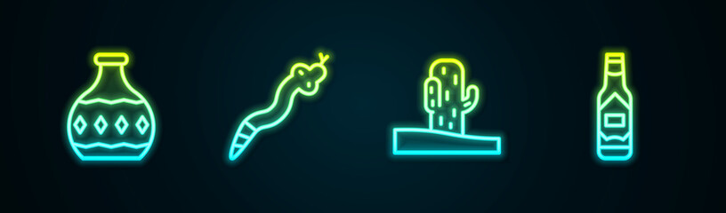 Set line Tequila bottle, Snake, Cactus and Tabasco sauce. Glowing neon icon. Vector