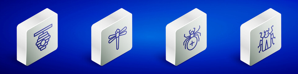 Set Isometric line Hive for bees, Dragonfly, Spider and Beetle bug icon. Vector